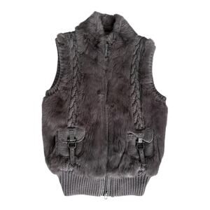 Y2K Euro Real Fur Vest Women’s L Gray Cable Knit Zip Up Wool Blend Cozy Soft